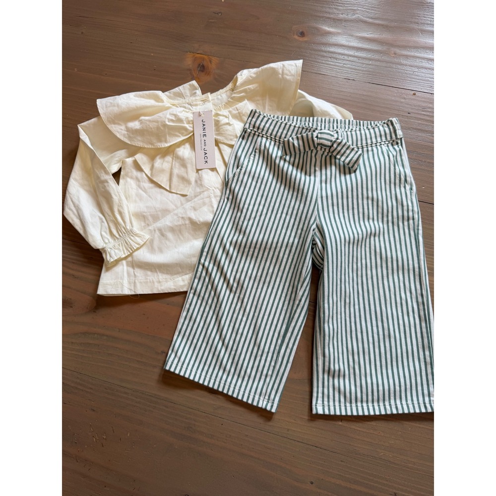 Cc17 Janie & Jack Toddler Girls Cream Ruffle Collar Blouse Striped Pant 18 24 2T